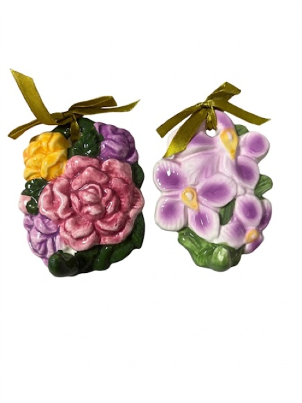 2 Hand-Painted Floral Ceramic Hanging Ornaments in Pink and Purple